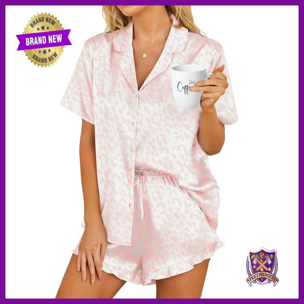 Silk Satin Pajama Set Short Sleeve Button Down Shorts Sleepwear Lounge
